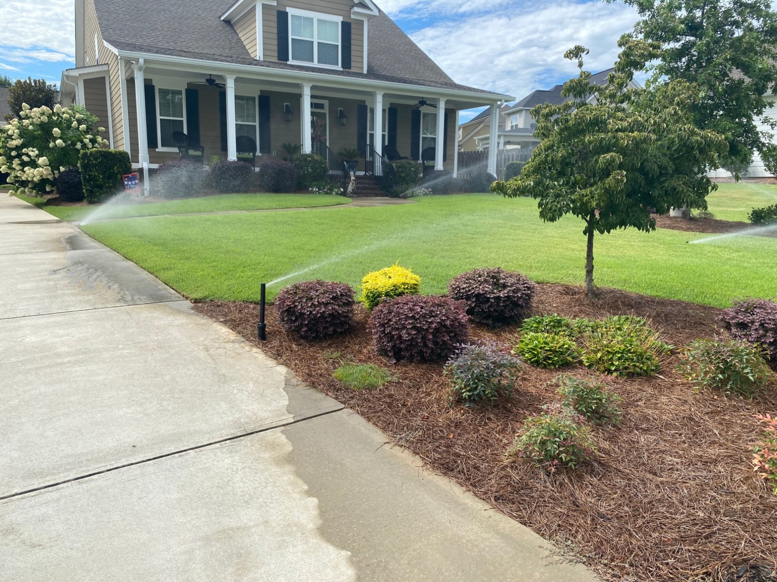 Irrigation running across a maintained front lawn and planting beds
