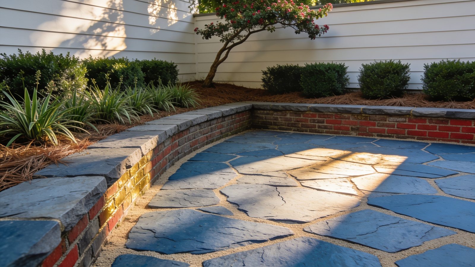 Blue flagstone patio and brick seat wall against white siding at golden hour