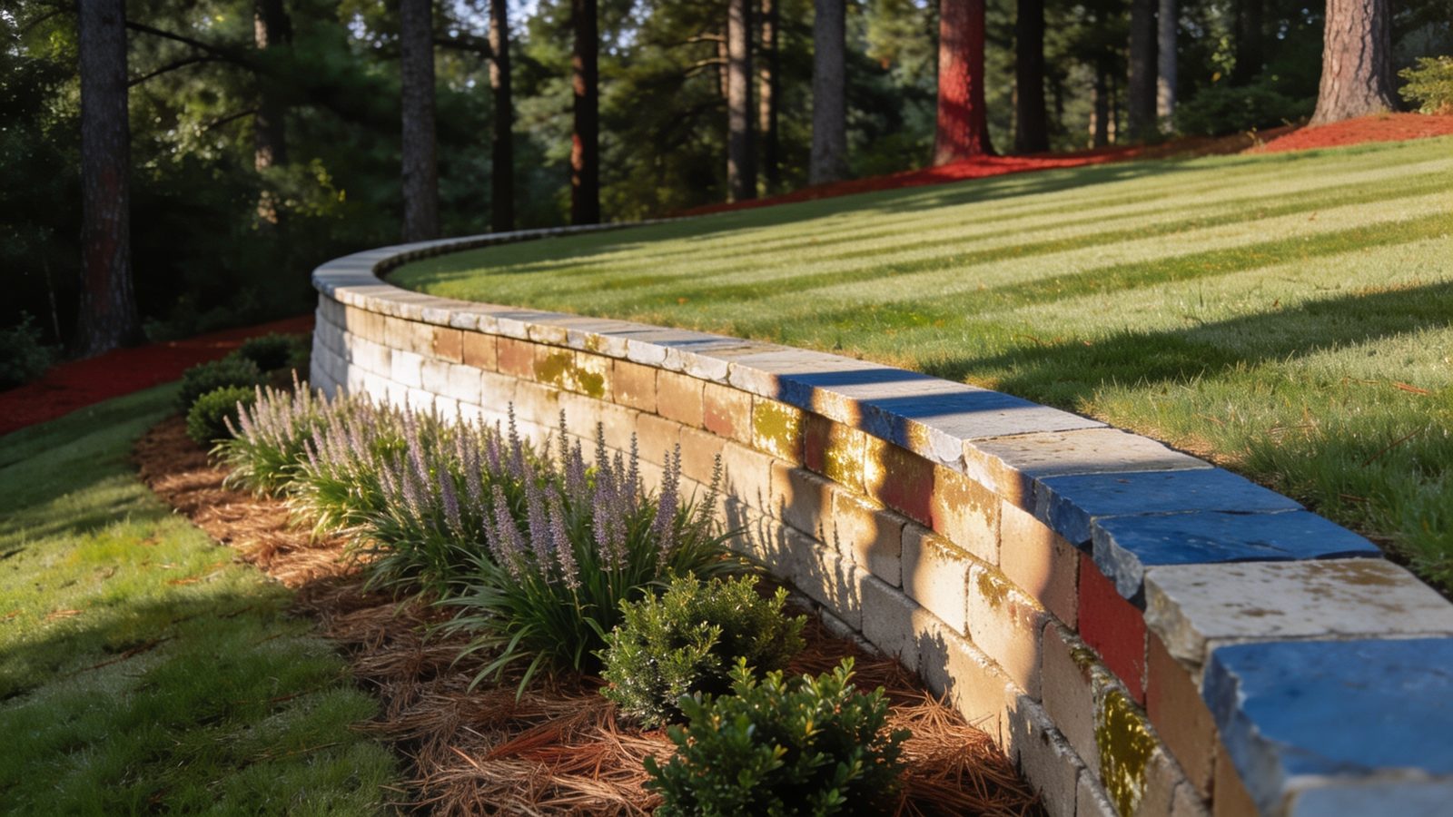 Curved brick and stone retaining wall with a planted border above a striped lawn