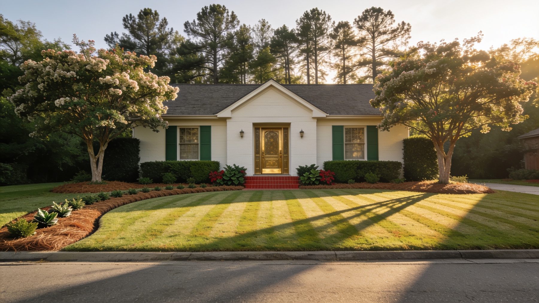 White ranch home with a freshly striped lawn, curved pine-straw beds and blooming crape myrtles