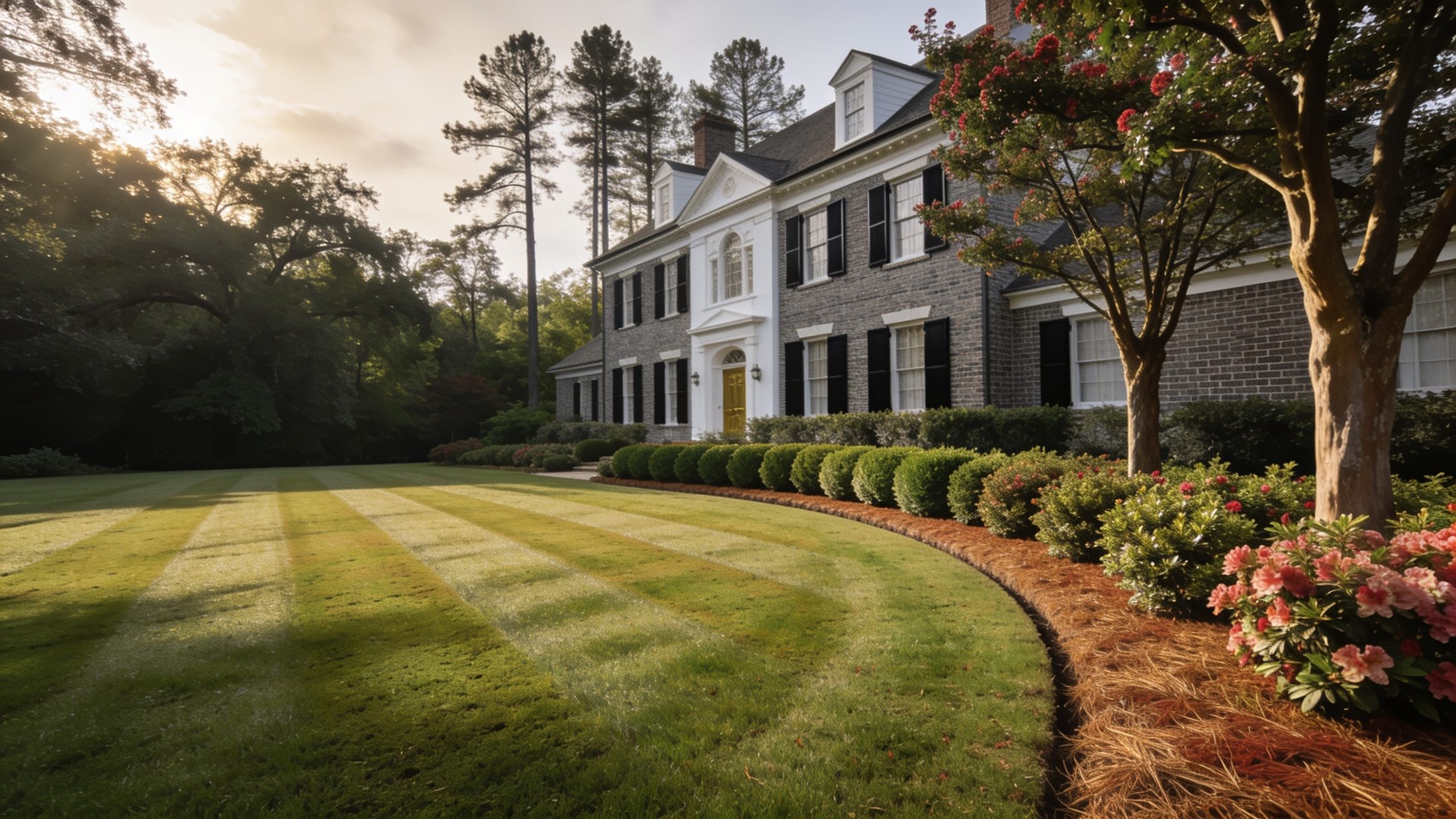 Two-story brick home at dusk with a striped lawn, boxwood hedge and crape myrtles in Evans, Georgia