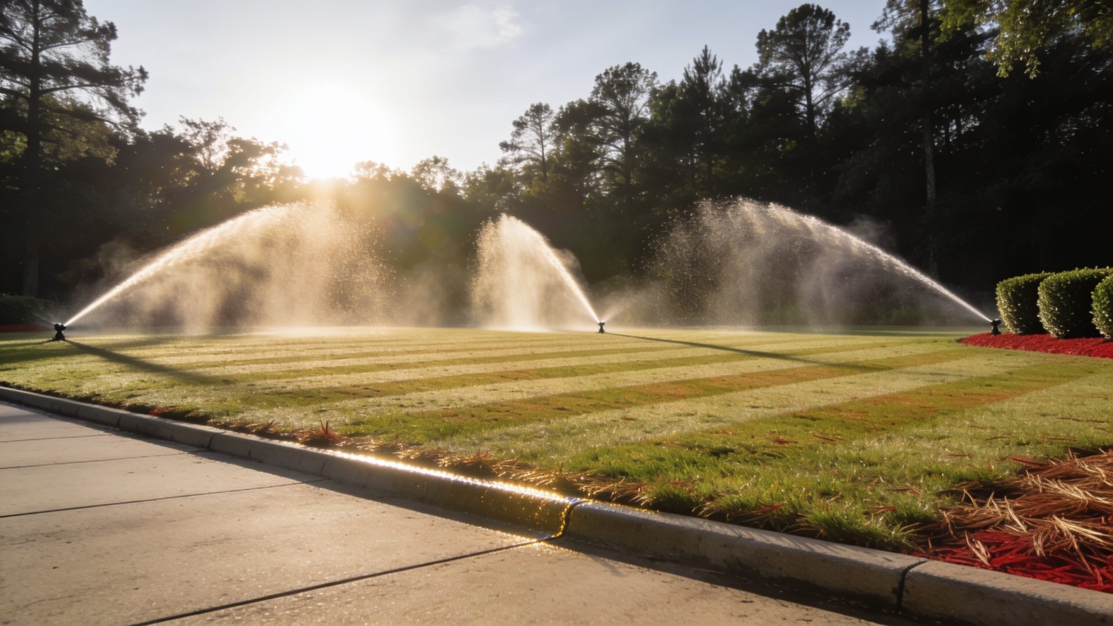Sprinkler heads throwing backlit arcs of water across a wide lawn at sunrise, with a pine tree line behind