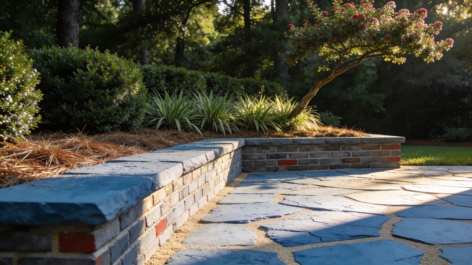 Brick seat wall with bluestone caps beside a flagstone patio under a flowering crape myrtle