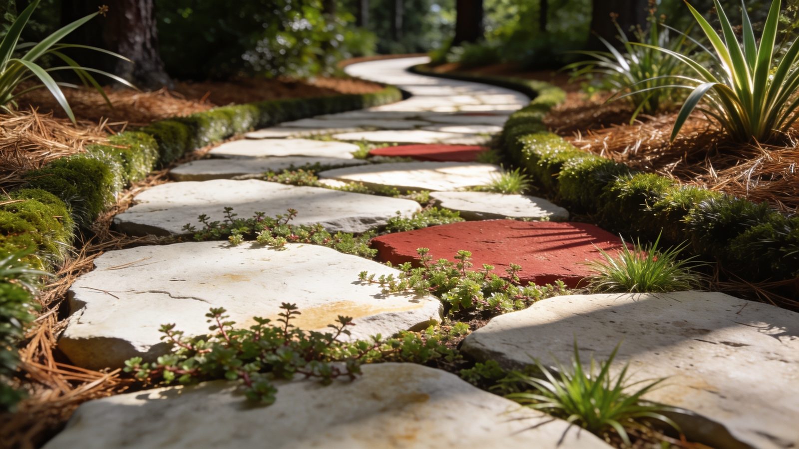 Flagstone path with moss joints and red stone accents winding through pine-straw beds