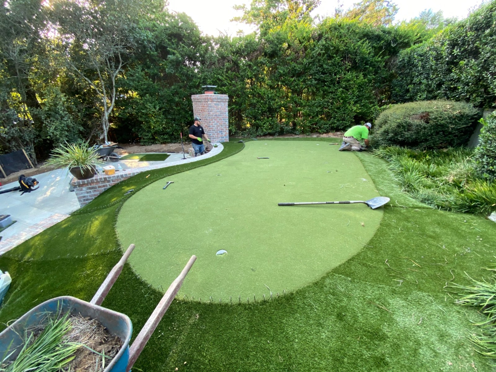 Synthetic putting green installed in a residential back yard in Columbia County, Georgia